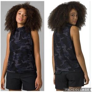 Prana‎ Cozy Up Barmsee Cowlneck Tank Top Hemp Blend Blue Camo M